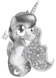 Size: 453x625 | Tagged: safe, artist:stallionslaughter, princess luna, alicorn, pony, g4, bust, female, grayscale, mare, monochrome, pencil drawing, simple background, solo, traditional art, white background
