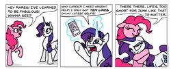 Size: 967x393 | Tagged: safe, artist:gingerfoxy, pinkie pie, rarity, earth pony, pony, unicorn, pony comic generator, g4, cellphone, comic, glowing, glowing horn, horn, likes, magic, phone, selfie, smartphone, telekinesis