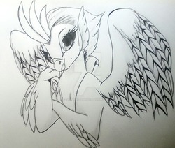 Size: 1024x870 | Tagged: safe, artist:evergreen-gemdust, classical hippogriff, hippogriff, g4, my little pony: the movie, female, lidded eyes, monochrome, solo, spread wings, traditional art, watermark, wings