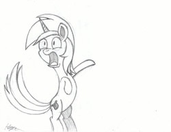 Size: 3300x2550 | Tagged: safe, artist:algernon97, lyra heartstrings, pony, unicorn, g4, bipedal, female, grayscale, high res, mare, monochrome, open mouth, simple background, solo, traditional art, white background