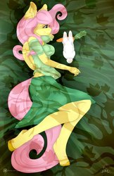 Size: 1024x1582 | Tagged: safe, artist:gingerbreadarts, angel bunny, fluttershy, pegasus, anthro, unguligrade anthro, g4, breasts, carrot, clothes, female, food, mare, midriff, skirt, smiling, solo