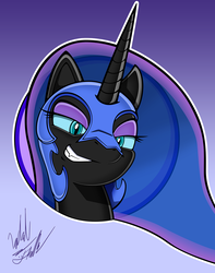 Size: 1026x1300 | Tagged: safe, artist:fuzon-s, nightmare moon, alicorn, pony, g4, the cutie re-mark, alternate timeline, bust, female, grin, nightmare takeover timeline, now that's something i would like to see, pony channel, portrait, scene interpretation, signature, smiling, smirk, solo, style emulation, yuji uekawa style
