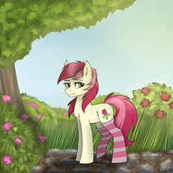 Size: 1000x1000 | Tagged: source needed, safe, artist:cottonaime, roseluck, earth pony, pony, g4, chest fluff, clothes, digital art, female, flower, fluffy, green eyes, mare, smiling, socks, solo, standing, stockings, striped socks, summer, thigh highs, tree