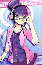 Size: 792x1224 | Tagged: safe, artist:banzatou, sci-twi, twilight sparkle, human, g4, anime, clothes, cute, female, glasses, hair bun, headphones, humanized, looking at you, manga style, moe, necktie, skirt, smiling, solo