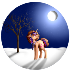 Size: 3559x3607 | Tagged: safe, artist:enghelkitten, oc, oc only, oc:sweet hearts, pony, unicorn, female, high res, mare, moon, night, snow, solo, tree