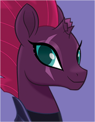 Size: 218x278 | Tagged: safe, tempest shadow, pony, unicorn, g4, my little pony: the movie, official, broken horn, bust, cute, eye scar, female, horn, looking at you, portrait, pretty, pretty pony, pretty pretty tempest, scar, simple background, smiling, solo, tempestbetes, when she smiles