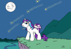 Size: 576x404 | Tagged: safe, artist:foxspotted, glory, pony, unicorn, g1, accessory, blue eyes, cliff, looking up, moon, mountain, mountain range, night, purple hair, ribbon, river, shooting star, smiling, stars, two toned mane