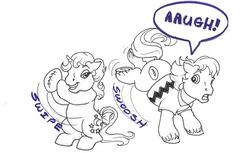 Size: 634x387 | Tagged: safe, artist:foxspotted, moondancer (g1), quarterback (g1), pony, unicorn, g1, aaugh!, clothes, dialogue, female, grayscale, lineart, male, mare, monochrome, partial color, peanuts, speech bubble, stallion, traditional art, underhoof, unshorn fetlocks
