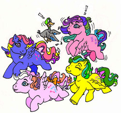 Size: 504x470 | Tagged: safe, artist:foxspotted, locket (g1), masquerade (g1), sweet pop (g1), whizzer, duck, pegasus, pony, twinkle eyed pony, g1, bow, smiling, surprised, tail, tail bow