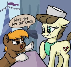 Size: 720x685 | Tagged: safe, artist:plunger, roma, pony, g4, alcohol, apron, beer, broken english, clothes, ear fluff, food, hat, kimchi, sergeant reckless, speech bubble, warpone, yelling