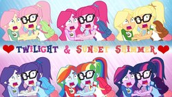 Size: 1280x720 | Tagged: artist needed, source needed, useless source url, safe, applejack, fluttershy, pinkie pie, rainbow dash, rarity, sci-twi, sunset shimmer, twilight sparkle, equestria girls, g4, implied lesbian, implied scitwishimmer, implied shipping, implied sunsetsparkle, mane six, palette swap, recolor