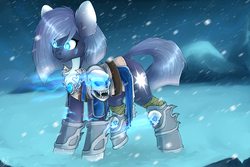Size: 1080x720 | Tagged: safe, artist:tigra0118, oc, oc only, oc:ren, earth pony, pony, undead, armor, chest fluff, female, glowing eyes, mare, skull, snow, solo, warcraft, world of warcraft