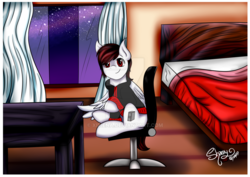 Size: 1024x724 | Tagged: safe, artist:shamy-crist, oc, oc only, pegasus, pony, bed, bedroom, chair, male, night, sitting, solo, stallion, table, watermark