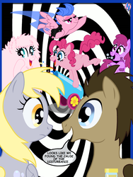 Size: 1500x2000 | Tagged: safe, artist:princesshighmist, berry punch, berryshine, derpy hooves, doctor whooves, firefly, pinkie pie, time turner, oc, oc:fluffle puff, pony, g4, party cannon