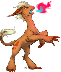 Size: 1280x1519 | Tagged: safe, artist:kez, oc, oc only, oc:orobas, dracony, dragon, hybrid, bipedal, claws, fire, fire breath, horns, male, rearing, simple background, solo, transparent background