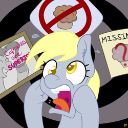Size: 2000x2000 | Tagged: safe, artist:yakoshi, derpy hooves, pinkie pie, earth pony, pegasus, pony, g4, cupcake, female, food, high res, mare, muffin, newbie artist training grounds, open mouth, panic, screaming, sign, solo, the twilight zone