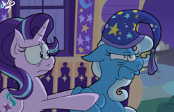 Size: 1988x1292 | Tagged: safe, artist:chrissie-boo, starlight glimmer, trixie, pony, unicorn, g4, to where and back again, angry, cutie mark, duo, faic, female, floppy ears, frown, grumpy, hat, mare, missing accessory, night, nightcap, scene interpretation, trixie's nightcap, trixie's wagon