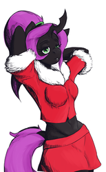 Size: 560x909 | Tagged: safe, artist:chryssir69, oc, oc only, oc:violet nebula, changeling, anthro, arm behind head, changeling oc, christmas, christmas changeling, clothes, holiday, horn, midriff, ponytail, purple changeling, simple background, skirt, white background