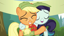 Size: 1360x768 | Tagged: safe, screencap, applejack, coloratura, pony, g4, the mane attraction, female, filly