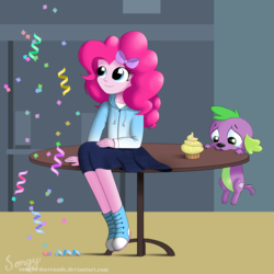 Size: 2000x2000 | Tagged: safe, artist:songbirdserenade, pinkie pie, spike, spike the regular dog, dog, equestria girls, g4, canterlot high, clothes, confetti, cupcake, food, high res, hoodie, sad, skirt, table