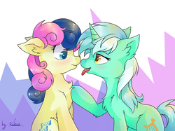 Size: 1707x1280 | Tagged: safe, artist:kaliner123, bon bon, lyra heartstrings, sweetie drops, earth pony, pony, unicorn, g4, abstract background, blushing, chest fluff, female, floppy ears, fluffy, imminent kissing, lesbian, looking at each other, mare, ship:lyrabon, shipping, smiling, tongue out