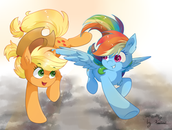 Size: 1440x1080 | Tagged: safe, artist:kaliner123, applejack, rainbow dash, earth pony, pegasus, pony, g4, cowboy hat, duo, female, friendshipping, hat, lesbian, looking at each other, mare, running, ship:appledash