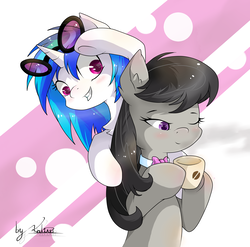 Size: 3008x2976 | Tagged: safe, artist:kaliner123, dj pon-3, octavia melody, vinyl scratch, earth pony, pony, unicorn, g4, adjusting glasses, behind you, blushing, drink, duo, glasses, high res, kaliner123, one eye closed, sunglasses