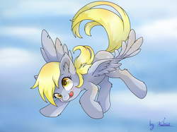 Size: 1707x1280 | Tagged: safe, artist:kaliner123, derpy hooves, pegasus, pony, g4, female, flying, mare, sky, solo, tongue out