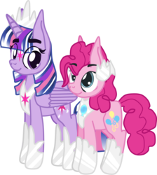 Size: 1149x1283 | Tagged: safe, artist:casanova-mew, pinkie pie, twilight sparkle, alicorn, pony, g4, crown, female, jewelry, lesbian, older, regalia, ship:twinkie, shipping, simple background, transparent background, twilight sparkle (alicorn)