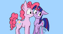 Size: 730x401 | Tagged: safe, artist:irdes, pinkie pie, twilight sparkle, pony, unicorn, g4, blue background, female, lesbian, nuzzling, one eye closed, raised hoof, ship:twinkie, shipping, simple background