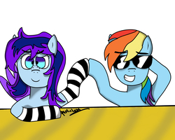 Size: 1280x1024 | Tagged: safe, artist:asticle32, rainbow dash, oc, oc:fastmusicdasherblue, pony, g4, clothes, hoofbump, simple background, socks, striped socks, sunglasses, white background