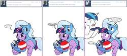 Size: 1808x800 | Tagged: safe, artist:dekomaru, shining armor, trixie, twilight sparkle, oc, oc:nebula, pony, tumblr:ask twixie, g4, ask, ball, belly button, deadpan snarker, female, lesbian, magical lesbian spawn, offspring, parent:trixie, parent:twilight sparkle, parents:twixie, pregnant, prone, shining armor is a goddamn moron, ship:twixie, shipping, tumblr