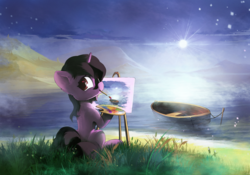 Size: 2000x1400 | Tagged: safe, artist:freeedon, oc, oc only, pony, unicorn, boat, female, mare, mountain, mouth hold, ocean, paintbrush, painting, plein air, solo