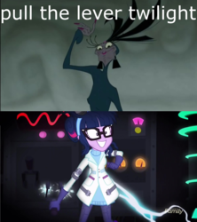 Size: 1920x2160 | Tagged: safe, edit, edited screencap, screencap, sci-twi, twilight sparkle, equestria girls, g4, mad twience, my little pony equestria girls: summertime shorts, comparison, image macro, lever, meme, the emperor's new groove, yzma