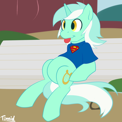 Size: 1024x1024 | Tagged: safe, artist:timidwithapen, lyra heartstrings, pony, g4, bench, clothes, female, male, shirt, sitting, solo, superman, tongue out