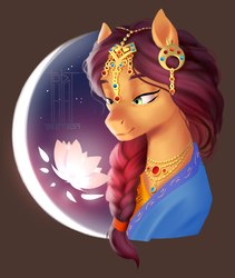 Size: 1164x1378 | Tagged: artist needed, safe, oc, oc only, pony, my little brony risovach, braid, clothes, ear piercing, earring, flower, jewelry, lotus (flower), moon, necklace, piercing, pigtails, solo