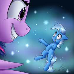 Size: 1500x1500 | Tagged: safe, artist:deltauraart, trixie, twilight sparkle, alicorn, pony, unicorn, g4, duo, female, grin, mare, smiling, the twilight zone, tiny, twilight sparkle (alicorn)