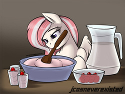 Size: 800x600 | Tagged: safe, artist:jcosneverexisted, oc, oc only, oc:milk drop, pegasus, pony, female, food, ice cream, mare, mouth hold, pitcher, solo, stirring, strawberry, wooden spoon