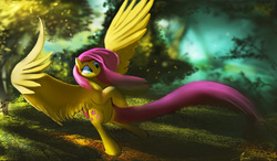 Size: 7496x4383 | Tagged: safe, artist:auroriia, fluttershy, pegasus, pony, g4, absurd resolution, female, forest, large wings, mare, outdoors, solo, tree, wings