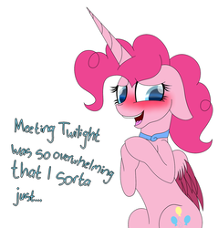 Size: 1280x1339 | Tagged: safe, artist:tomboygirl45, pinkie pie, alicorn, pony, princessponk, g4, alicornified, ask, blushing, colored wings, dialogue, female, floppy ears, multicolored wings, pinkiecorn, race swap, simple background, smiling, solo, tumblr, white background, xk-class end-of-the-world scenario