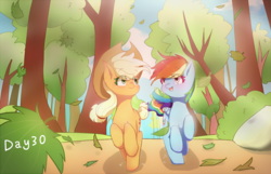 Size: 1400x900 | Tagged: safe, artist:irenla, applejack, rainbow dash, earth pony, pegasus, pony, g4, cowboy hat, duo, female, forest, hat, leaf, lesbian, mare, multicolored hair, newbie artist training grounds, open mouth, open smile, path, running, ship:appledash, shipping, smiling, stetson, tree, whitetail woods