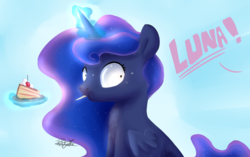 Size: 3544x2222 | Tagged: safe, artist:pucksterv, princess luna, alicorn, pony, g4, atg 2017, cake, caught, dialogue, eating, female, food, high res, implied princess celestia, levitation, magic, mare, newbie artist training grounds, offscreen character, solo, sweat, telekinesis, this will end in tears and/or a journey to the moon, yelling