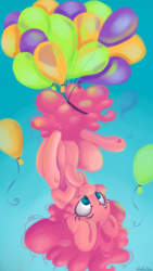 Size: 1080x1920 | Tagged: safe, artist:cutepencilcase, pinkie pie, earth pony, pony, g4, balloon, cute, diapinkes, female, floating, gradient background, smiling, solo, then watch her balloons lift her up to the sky, underhoof, upside down