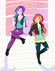 Size: 3000x3900 | Tagged: safe, artist:super-donutsini, starlight glimmer, sunset shimmer, equestria girls, equestria girls specials, g4, my little pony equestria girls: mirror magic, my little pony equestria girls: movie magic, beanie, boots, breasts, cleavage, clothes, colored pupils, cutie mark, cutie mark on equestria girl, duo, equal cutie mark, female, food, hat, high heel boots, high res, ice cream, jacket, looking at each other, shirt, shoes, sitting, tattoo, vest