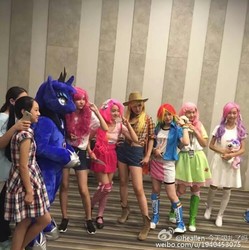 Size: 713x715 | Tagged: safe, applejack, fluttershy, princess luna, rainbow dash, sweetie belle, human, g4, china ponycon, clothes, cosplay, costume, fursuit, group photo, irl, irl human, photo, ponysuit