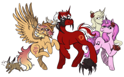 Size: 1927x1192 | Tagged: safe, artist:monnarcha, oc, oc only, oc:daylight fire, oc:sophie violin, oc:sunrise skies, pegasus, pony, spider, unicorn, curved horn, don't starve, fear, female, flower, helmet, hoers, horn, hunting, imminent death, male, mare, mask, simple background, spear, stallion, transparent background, weapon, webber, wendy (don't starve), wigfrid