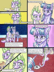 Size: 3000x4000 | Tagged: safe, artist:tillie-tmb, spike, twilight sparkle, alicorn, dragon, pony, comic:the amulet of shades, g4, comic, high res, older, scroll, traditional art, twilight sparkle (alicorn)