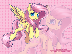 Size: 4000x3000 | Tagged: safe, artist:foxcarp, fluttershy, pegasus, pony, g4, abstract background, chest fluff, cute, female, flying, looking at you, mare, shyabetes, smiling, solo, zoom layer