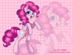 Size: 4000x3000 | Tagged: safe, artist:foxcarp, pinkie pie, earth pony, pony, g4, abstract background, chest fluff, cute, diapinkes, female, happy, looking at you, mare, open mouth, rearing, smiling, solo, zoom layer