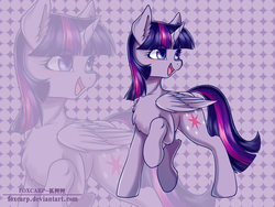 Size: 4000x3000 | Tagged: safe, artist:foxcarp, twilight sparkle, alicorn, pony, g4, abstract background, chest fluff, female, looking back, mare, raised hoof, smiling, solo, twilight sparkle (alicorn), zoom layer